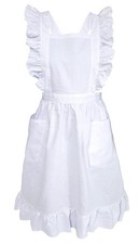 Long Maxi Cotton Ruffle Apron with Pockets, Small to Plus Size Ladies White