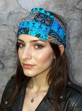 Hair Band Stretchy Headband Bandana Headwrap African Print Blue and Black Biker