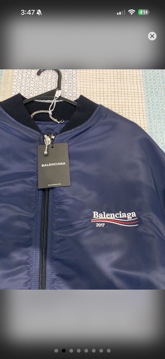 Balenciaga Navy Bomber Jacket Zip Closure Logo Embroidered Men's