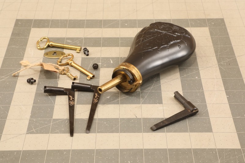 Lot of Colt Black Powder Reloading Accessories Powder Flask, Nipple Wrench, Keys