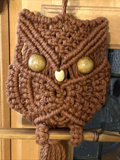 VNG Handmade Macrame Brown Owl Bamboo Branch Soft Yarns Beaded Eyes Hanging