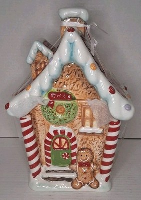 Potter's Studio Peppermint Square Ceramic Gingerbread House Cookie Jar New 