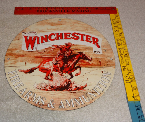 VINTAGE WINCHESTER FIREARMS & AMMUNITION 11 3/4" PORCELAIN METAL COWBOY GUN SIGN