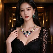 Vintage Women Cubic Zirconia Bridal Jewelry Set Necklace Earrings for Wedding