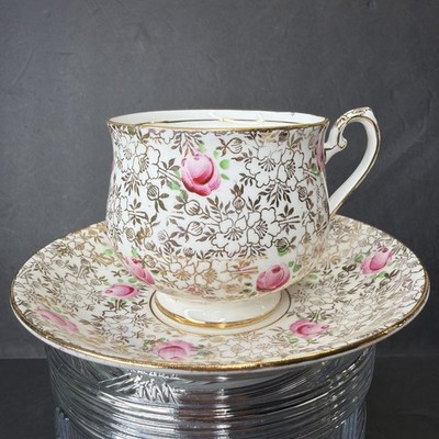 Thomas Forester & Sons Teacup Saucer Phoenix China Pink Cabbage Rose Gold Chintz