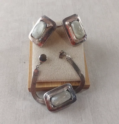Ancienne parure, bracelet + boucles d'oreilles, Estelle B, métal argenté - Photo 1/4