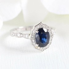 2.20ct Oval Cut Natural Blue Sapphire & Diamon14k Solid White Gold  Wedding Ring