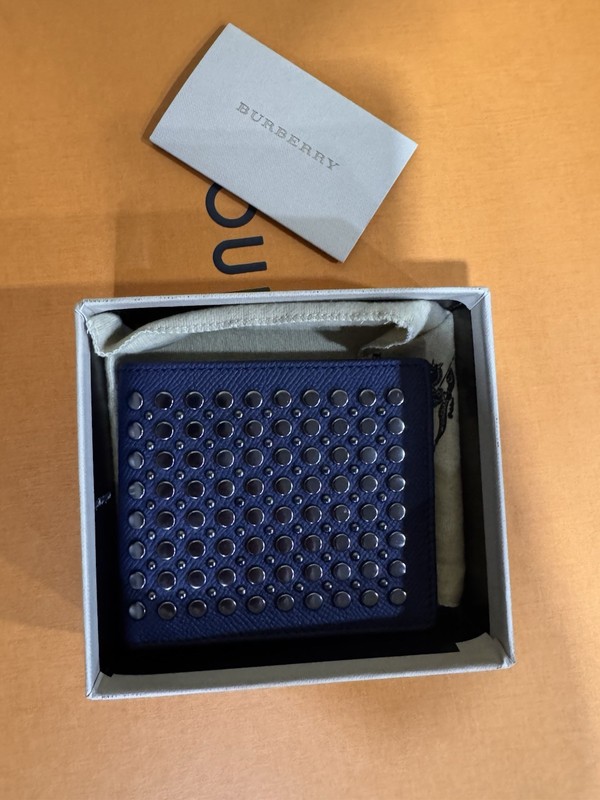 Burberry Blue Men’s Bifold Wallet Folding Solid Logo Studded Accents