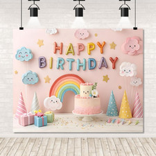 10X8Ft Rainbow Happy Birthday Backdrop Pink Cake Colorful Cloud Photography Back