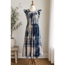 THML Tie Dye Midi Dress Womens Large Blue White Smocked Cotton Boho