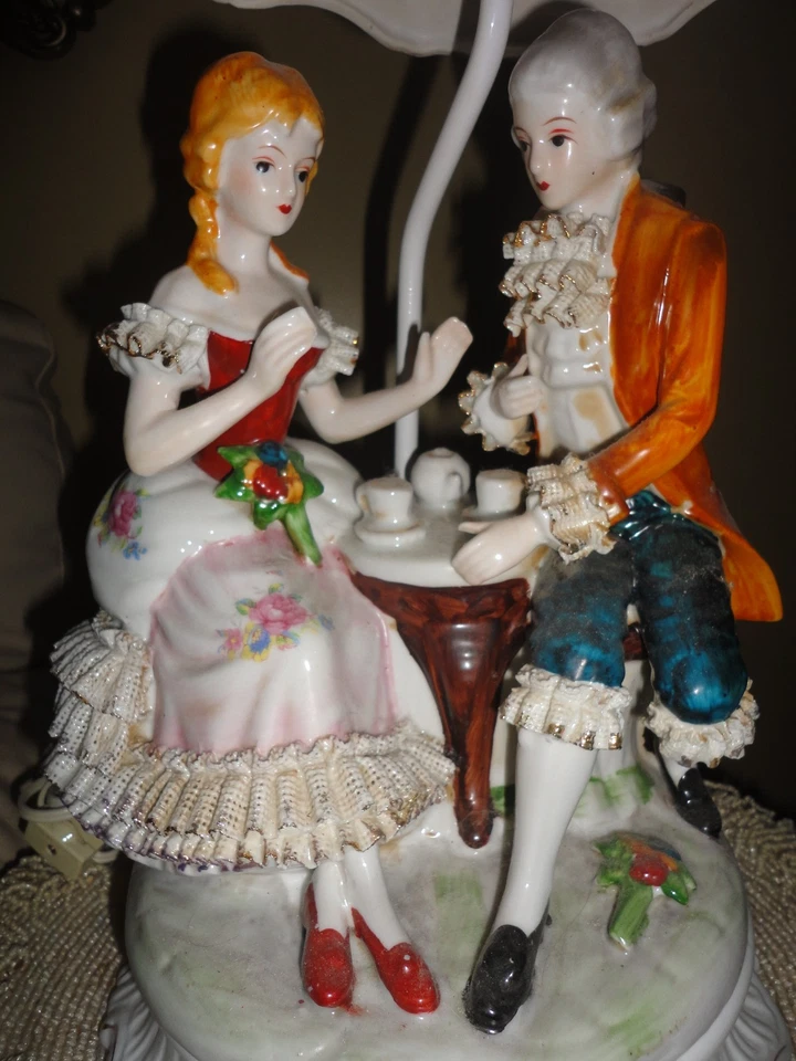 VINTAGE VICTORIAN PORCELAIN TABLE LAMP HAND PAINTED RARE MAN WOMAN HAVING TEA - Image 2 of 4
