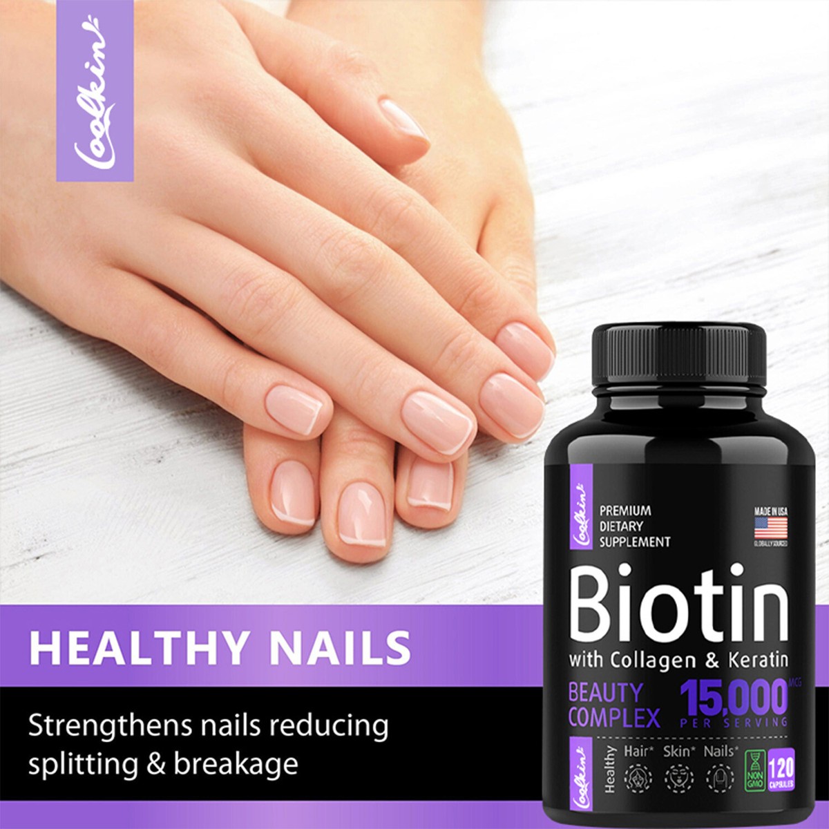 Complément Cheveux/peau/ongles - Biotine, Collagène, Kératine - 120 Gélules Coolkin
