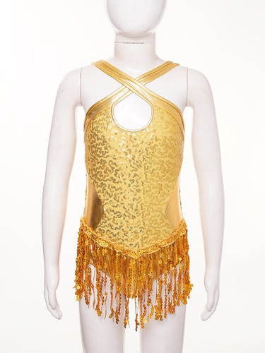 Kids Girls Shiny Ballet Jumpsuit Jazz Latin Leotard Fringed Bodysuit Costume - Picture 9 of 34