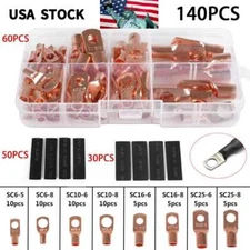 US 140pcs Battery Terminals Bare Copper Ring Lug Connector Wire Gauge SC6-25 Kit