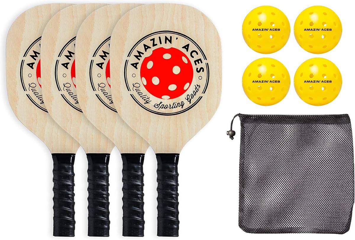 Amazin' Aces Classic Wood Pickleball Set 4 Premium Paddles / 4