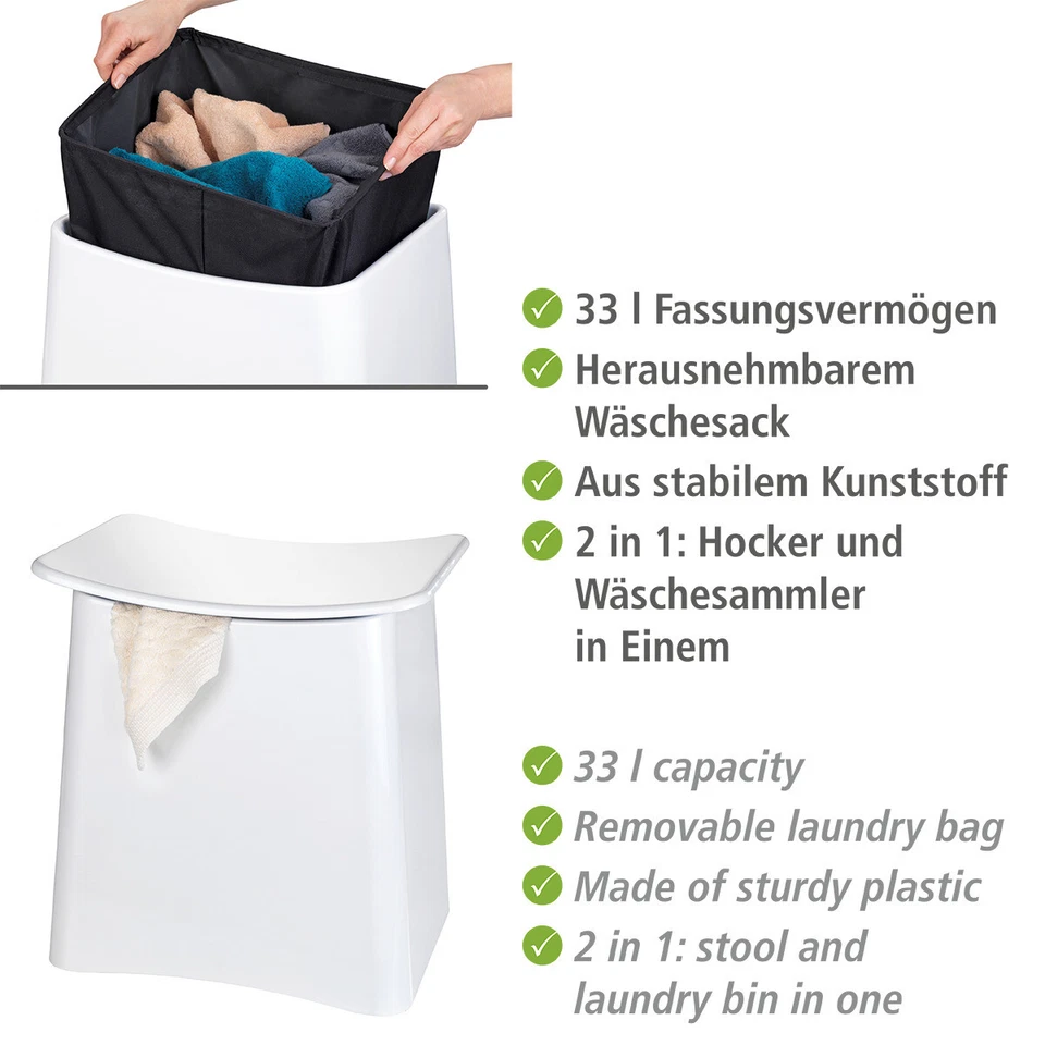 WENKO 2in1 Hocker Mod. Wing Weiß, Badhocker mit herausnehmbarem Wäschesack - Bild 3 von 4
