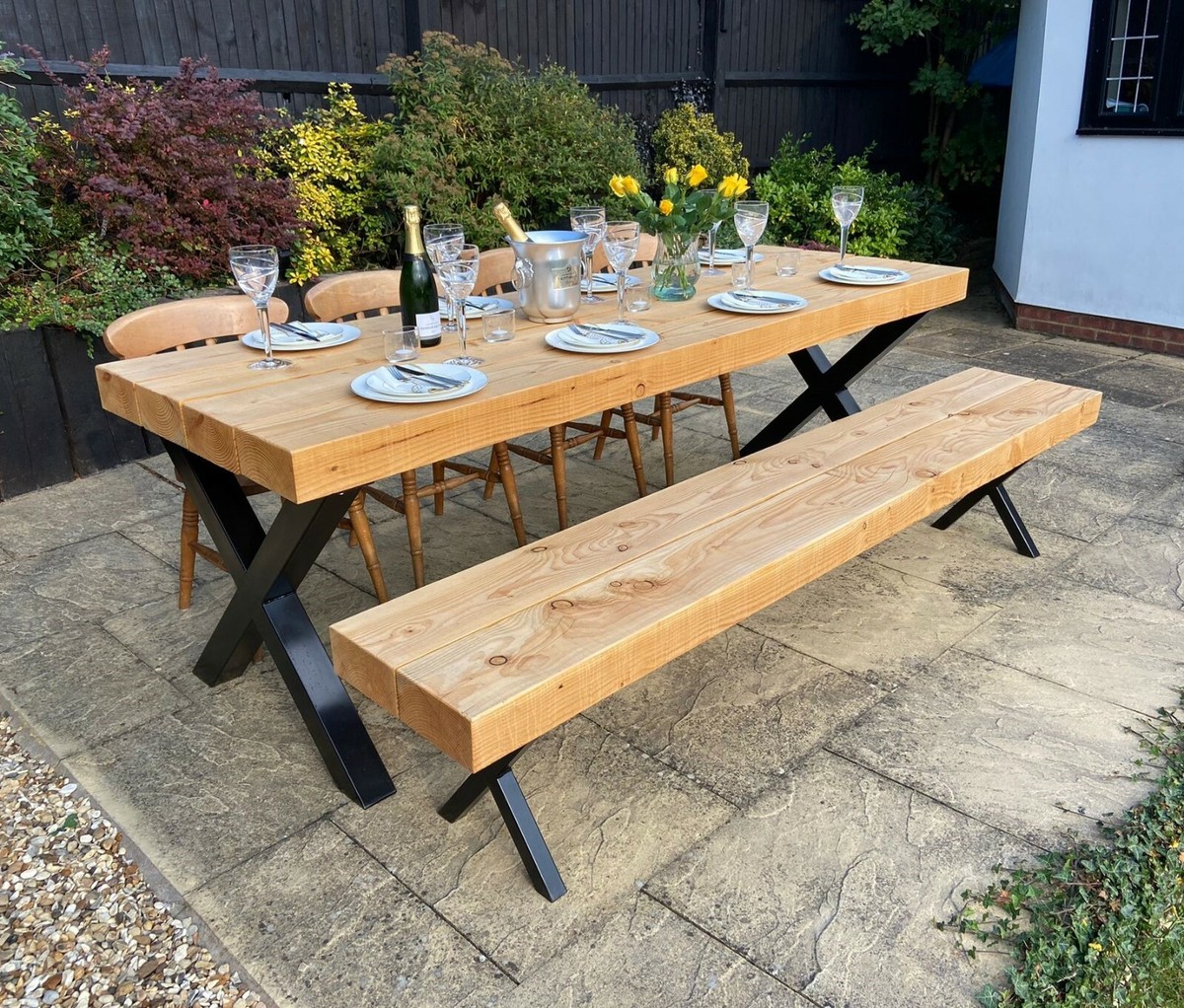Garden Furniture Timber Sleeper Table And x Bench Set