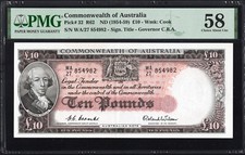 Australia 10 TEN Pounds P32 R62 1954-59 Coombs Wilson PMG58 Choice aUNC GOVERNOR