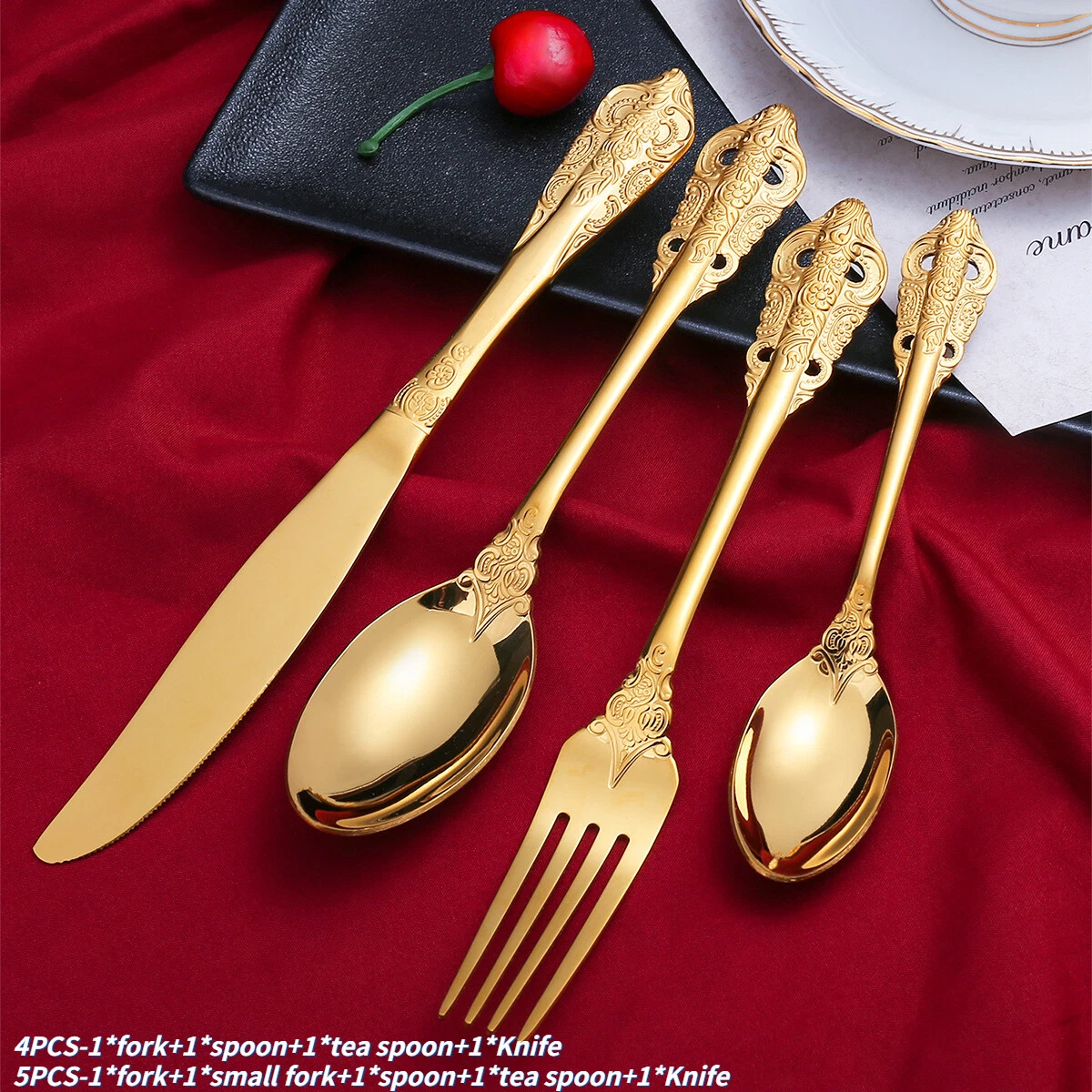 4 5pcs Knife Fork Spoon Cutlery Set Emboss Dinnerware Stainless Steel Tableware