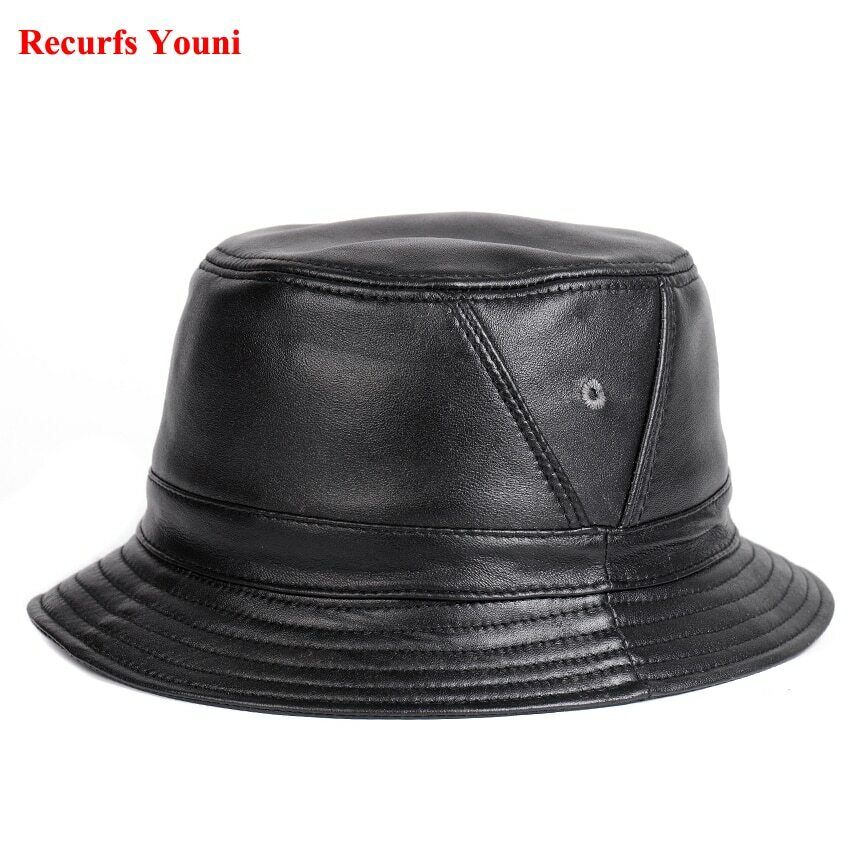 Real Leather Fitted Flat Bucket Hats Outdoor Short Brim Hip Pop