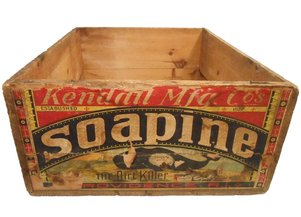RARE SOAPINE DIRT KILLER LAUNDRY SOAP PROV RI INK STMPD WD BOX CRATE/PAPER LABEL - Image 4 of 4
