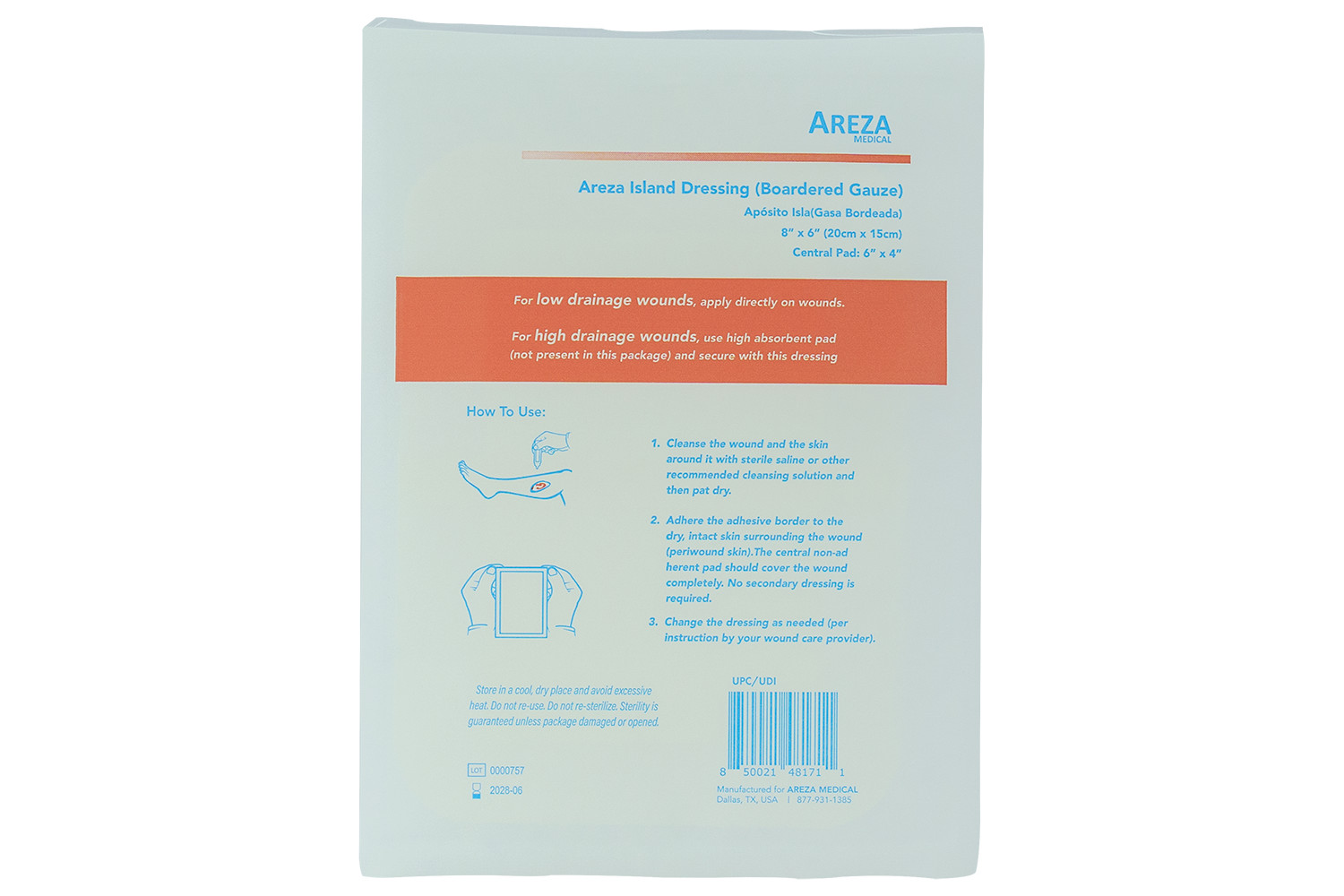 Island Wound Dressing (Bordered Gauze) 8" x 6"  Sterile (30 Per Box)