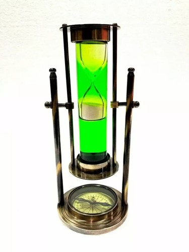 Brass Antique Finish Green Liquid Sand Timer Vintage Hourglass with Compass - Picture 2 of 3