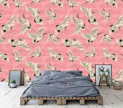 Pink Cycle Stork Chinoiserie Wallpaper Mural Removeable Washable Peel & Stick