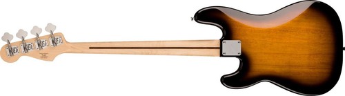 Brown and sunburst 2-color Squier Sonic Precision Bass with silver hardware and four-string pickguard.