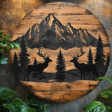 1pc Rustic Elk Wall Decor - Alpine Wilderness Scene with Elk, Pine Trees & Mount