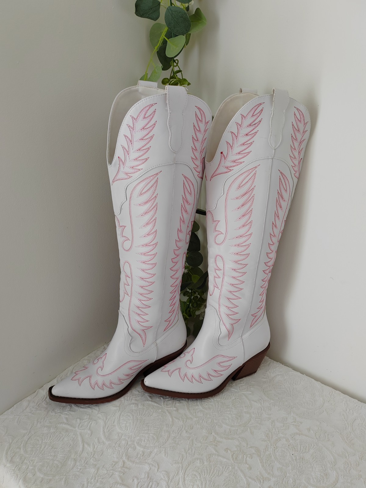 ASOS DESIGN White Faux Leather Cowboy Boots Embroidered Western Knee High  UK4 image 2