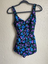 Vtg 70s Maxine of Hollywood Floral One Piece Sz 12 Swimsuit Open Back Retro