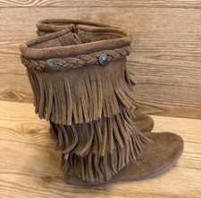 Minnetonka 3 Layer Triple Fringe Boot Moccasins Youth Sz 3 Brown Leather