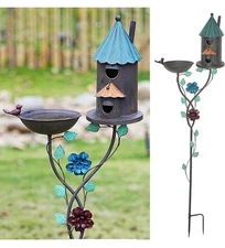 MNRYLKB 58” H Bird Baths for Outdoors Metal Bird Bath and Bird House 2-in-1 D...