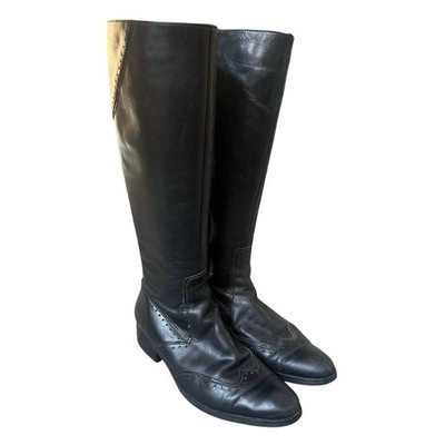 ECCO Black Leather Tall Riding Boots Wingtip Brogue Side Zip - EU 39 US 8-8.5