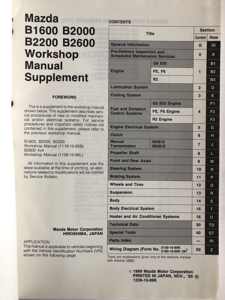 Mazda B1600 B2000 B2200 B2600 Workshop Manual Supplement Factory Original 1989 - Image 2 of 4