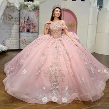 Pink Quinceanera Dresses Tulle Lace Appliqued Beaded Flowers Sweet 16 Party Gown
