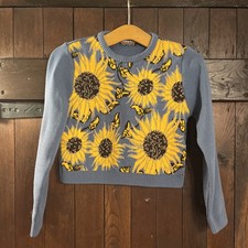 RUN & FLY.New.Sunflower Crop Jumper.Blue/Yellow Flowers.UK XS. Made in England.