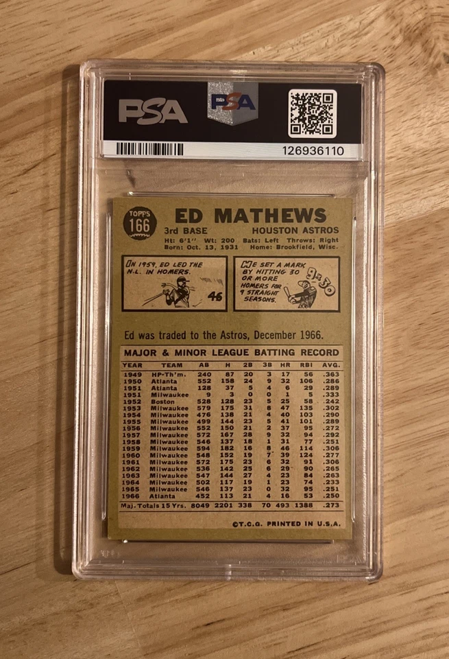 1967 Topps Eddie Mathews PSA 5 ADN automático 10 #166 (1/13 autenticado) Foto 2 de 3