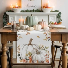 Fall Table Runner White Pumpkin Thanksgiving Table Runners Autumn Leaf Flower...