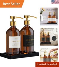Glass Soap Dispenser Set of 2 Amber with Silicone Tray  Hand and Dish Soap D...