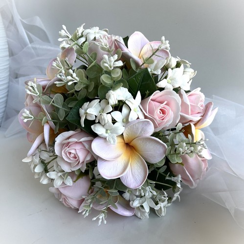 Frangipani Wedding Bouquet Faux Silk Latex Frangipanies Soft pink Roses Gum - Picture 7 of 9