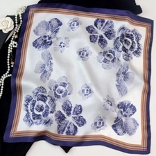 100% Silk Scarf Women Kerchief Small Square Bandana Blue White Flower 53*53cm