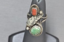 Navajo ring green turquoise leaf coral band size 5 sterling silver women men
