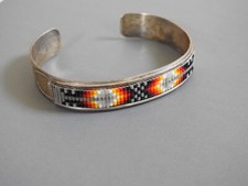 STERLING SILVER BEADED CUFF bracelet southwestern BLANKET DESIGN marked OO