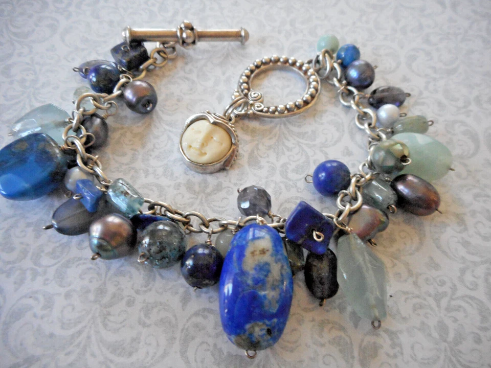Sterling Oxidized Silver Sajen Moonface Lapis Pearl Quartz  Bracelet   Z5918 - Image 3 of 4