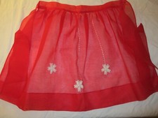 VINTAGE 1950s LADIES HALF APRON, HAND MADE, RED ORGANDY, APPLIQUED FLOWERS, NICE