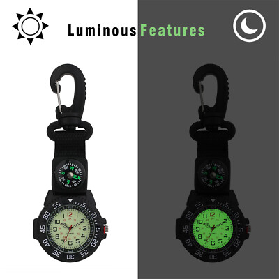 Outdoors Clip-On Carabiner Luminous Compass 24H Backpack Belt Fob Quartz Watch