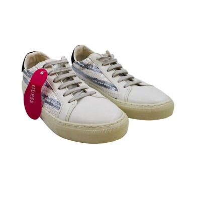 GUESS Women White Sequin Leather Sneakers Trainers Shoes