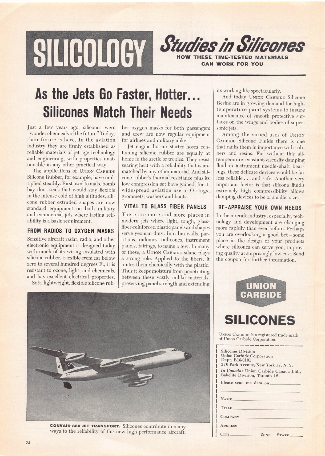 1962 Aviation Week Print Ad Union Carbide Silicone Rubber Technology Development